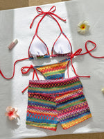 Sexy Red Striped Knitted Bikini Set 2026 Women Patchwork Push Up Bra Thong Swimsuit Beach Bathing Suit Cover Up 3 Piece Swimwear