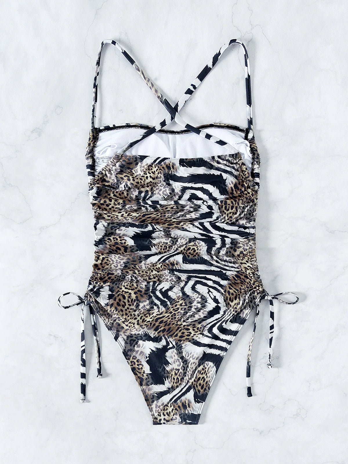 Sexy Leopard Swimwear Women Bandeau One Piece Swimsuit Beach Wear Drawstring Criss Cross Swimming Bathing Suit Bodysuit Monokini