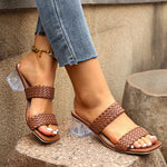 Brown Woven Thick Heel Sandals Women Fashion Square Toe Transparent High Heeled Slippers Woman Plus Size 43 Slip On Party Shoes