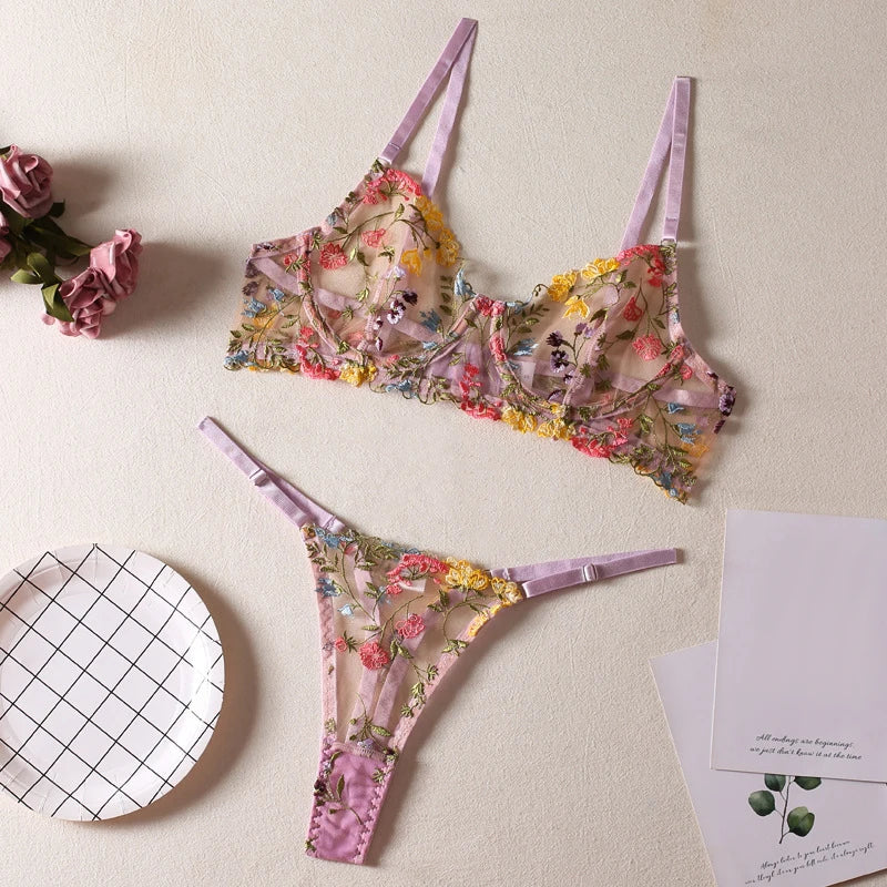 Sexy Floral Fancy Lingerie Lace Embroidery Fairy Seamless Tulle Underwear See Through Exotic Sets for Women Fahion Bilizna Set