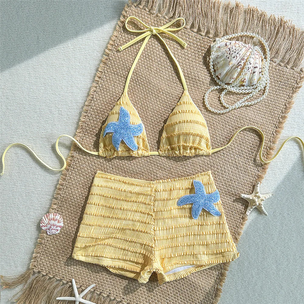 Sequin Starfish light blue Texture Swimwear Sexy Halter String Triangle Bikinis Sets Shorts Bottoms Woman Swimsuit 2026 Bikini