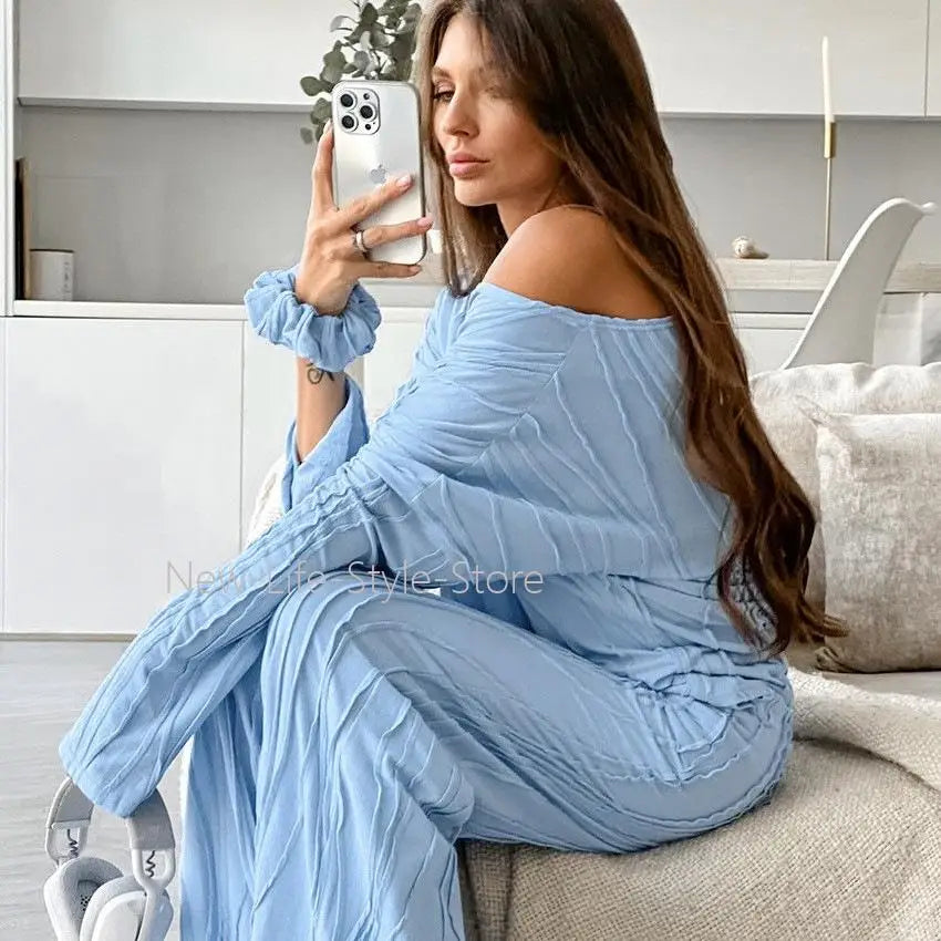 Women 2026 European Winter Knit Pajama Set Loose Comfortable Long Sleeve Pants Two Piece Ladies Homewear Sleepwear Loungewear