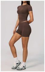 Seamless Yoga Sets Women Short Sleeve O Neck Slim Sports T Shirts Gym Outfits Abdominal Compression Shorts Running Fitness Suit
