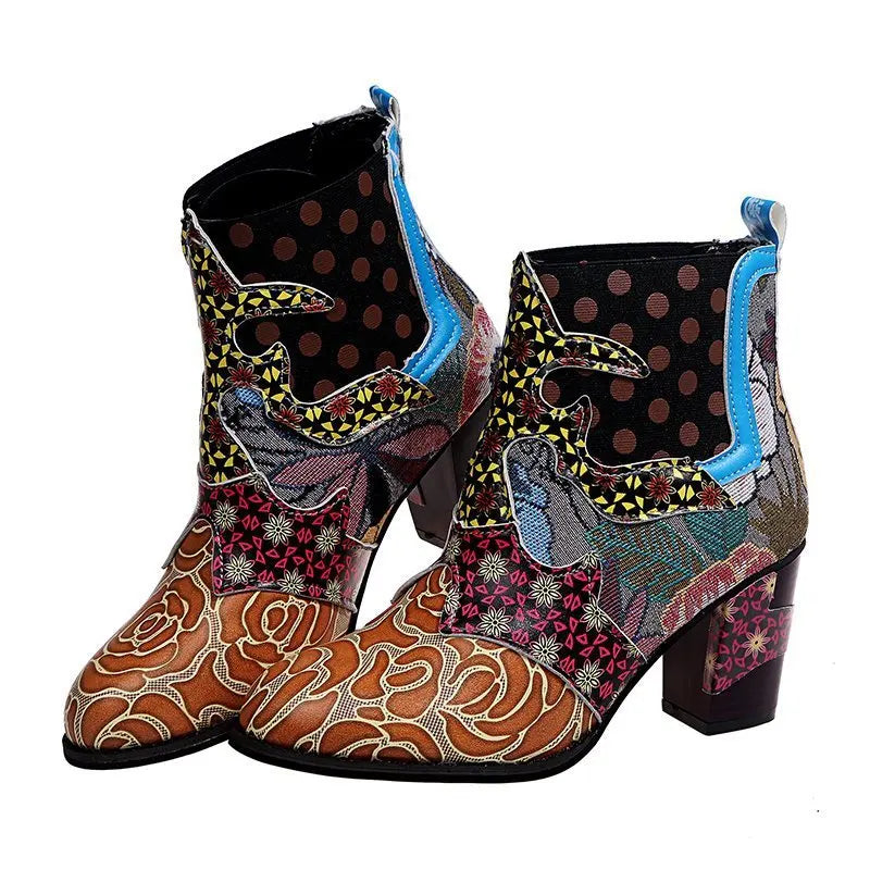 Ankle Boots Women Autumn PU Women's Shoes Ethnic Waterproof Casual Vintage Shoes Zipper High Heel Short Boots Botas Mujer