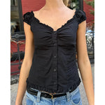 Women's Button Down Tops Fashion Cap Sleeve Solid Color Slim Fit Frill T-Shirts Summer Blouses