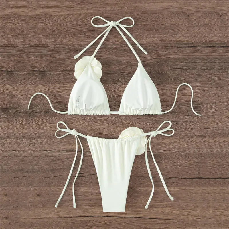 Sexy 3D Flower Black Triangle Bikinis Sets Micro Thong Swimsuit Women String Halter Bathing Suit Bikini 2026 Mujer Biquinis Swim