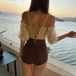 Sexy Off Shoulder Flounce One Piece Swimsuit LadyMonokini Half Sleeve Swimwear Women Swim Bath Suit