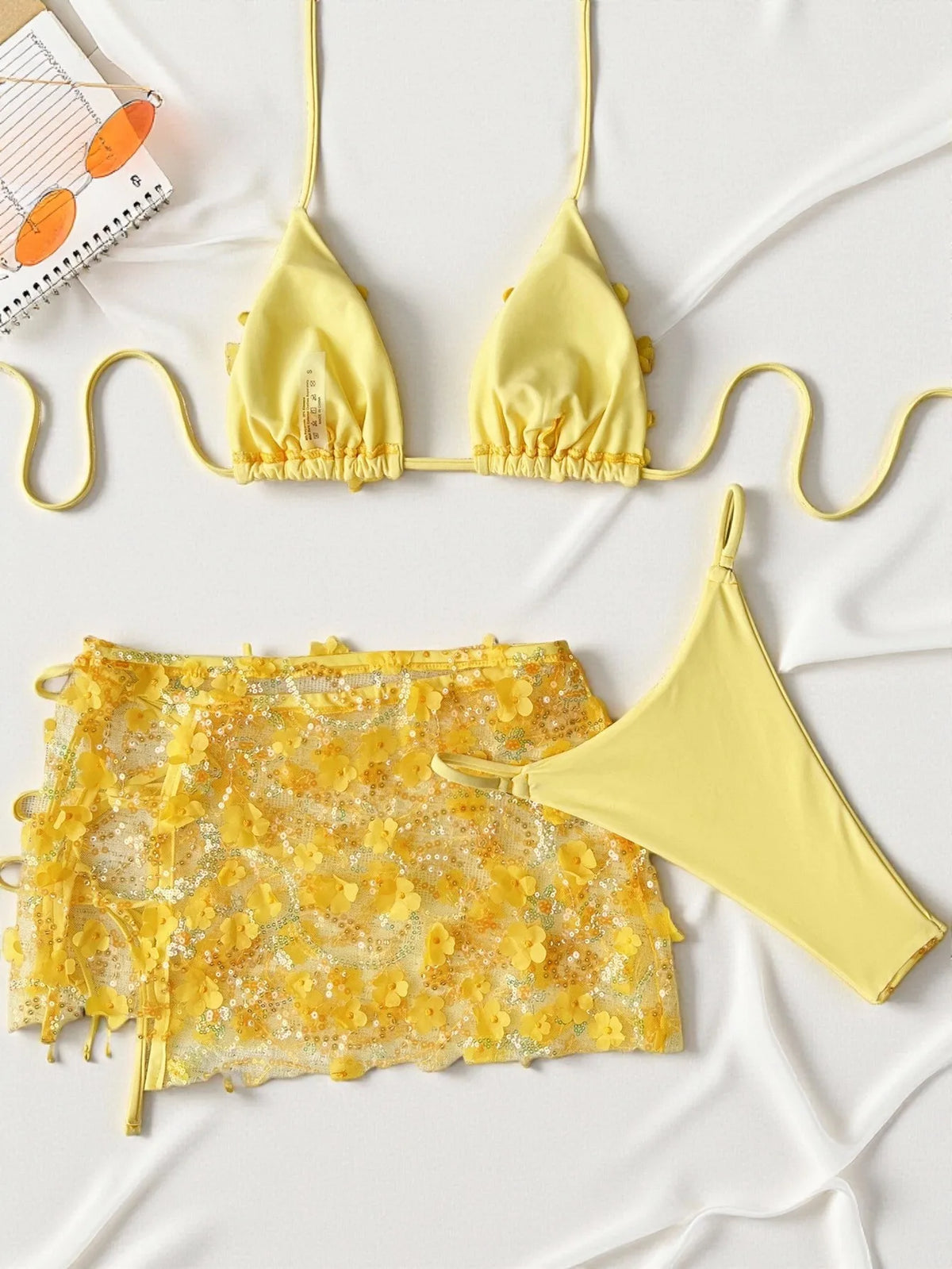 Sexy Shiny Sequin Blue White Bikini Set Women 3D Mesh Flower Cover Up 3 Piece Thong Swimsuit Beach Holiday Bathing Suit Swimwear