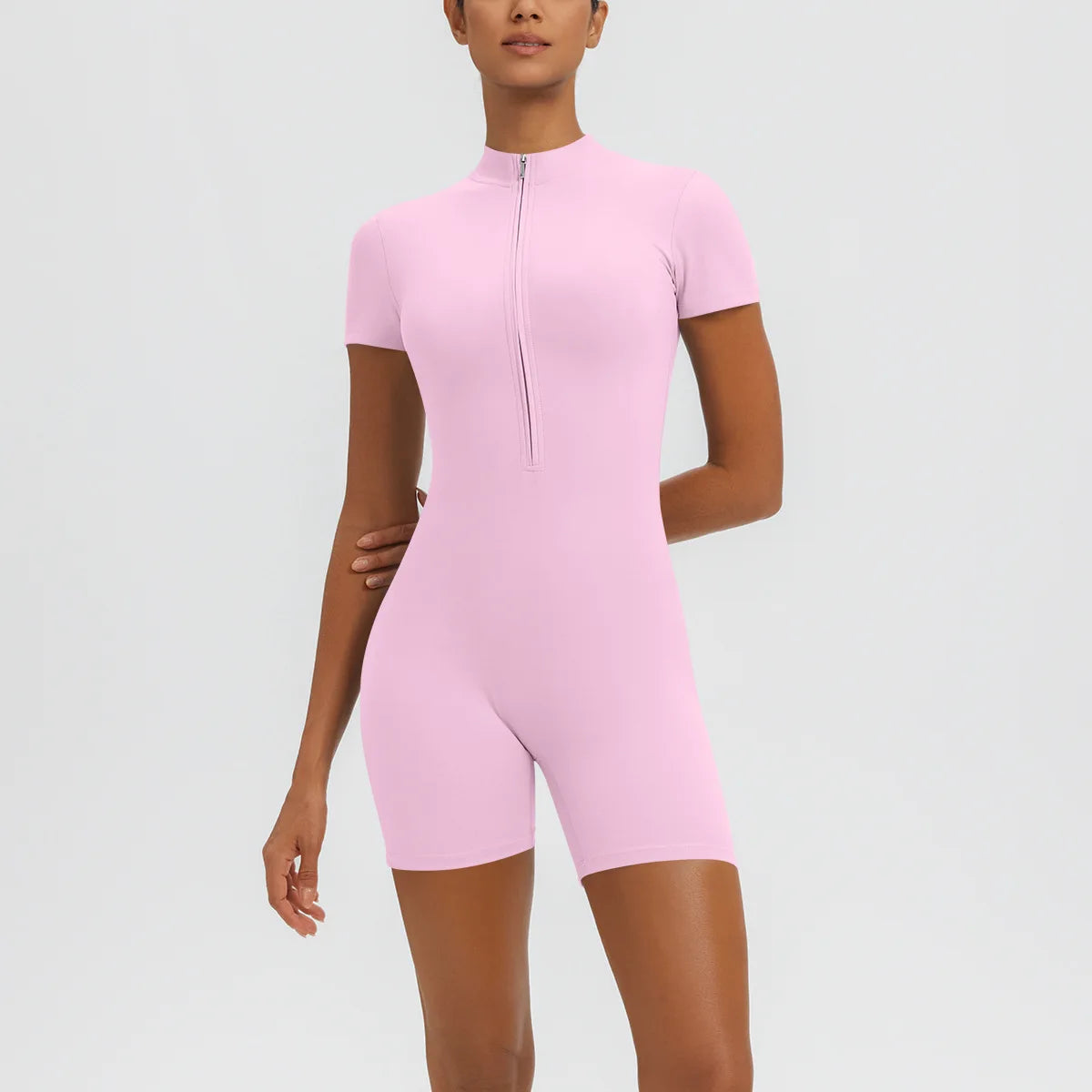 Women's Zipper Short-Sleeved Yoga Jumpsuits Sports Fitness Hip-lifting Casual Skinny Training Workout Gym Short Onesie Jumpsuits