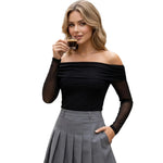 Women Spring Summer Off Shoulder Cropped Tops Slim Long Sleeve Ruched Sheer Going Out T-shirts