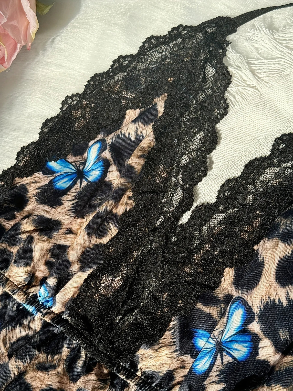 Women Leopard Print Lace Nightgown V Neck Cami Sleepwear Adjustable Spaghetti Strap Side Slit Lounge Dress
