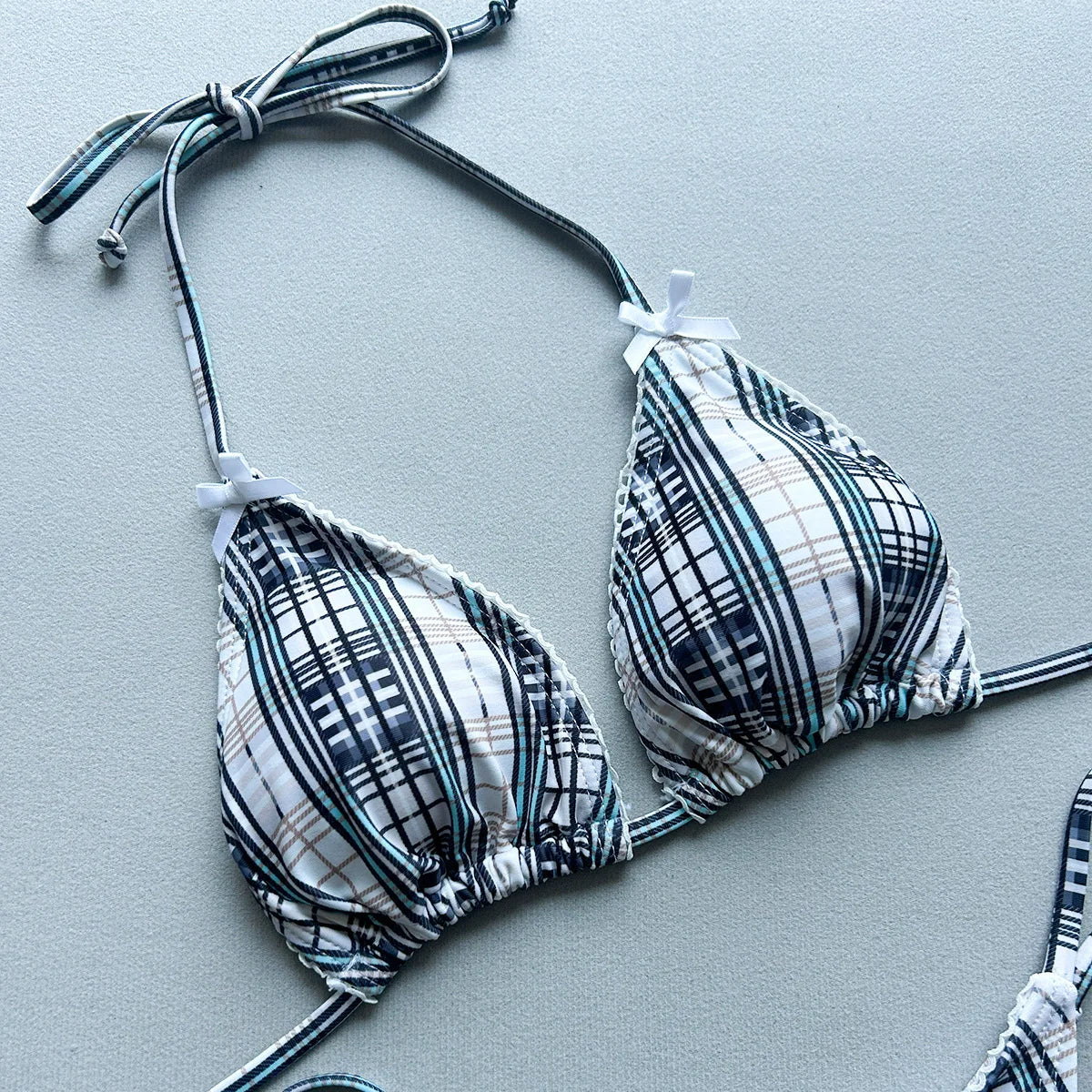 New 2026 Women's Micro Bikini Set Plaid Print Neck Lace-up Backless Biquini Beachwear Sexy Push Up Thong Low WaistBathing Suit