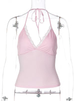 FDYOUI Casual Sexy Halter Neck Lace Patchwork Pink Camisoles Women Bandage Backless Corset T-shirt Y2K Streetwear Cropped Tops