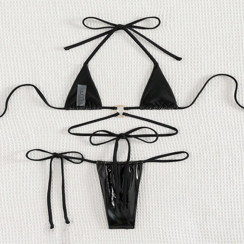 Sexy Metallic Black Halter String Micro Mini Bikinis Sets Two Piece Backless Swimwear Swimsuit Women Biquini Thong Bathing Suits