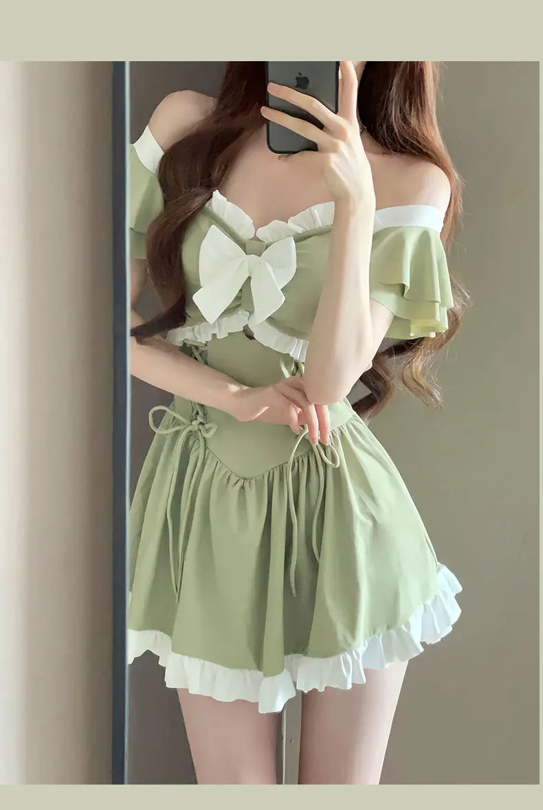 Korea Style One Piece Swimsuit with Skirt Monokini 2024 Women Front Bow Push Up Pleate Tummy Control Beach Bathing Suit Swimwear