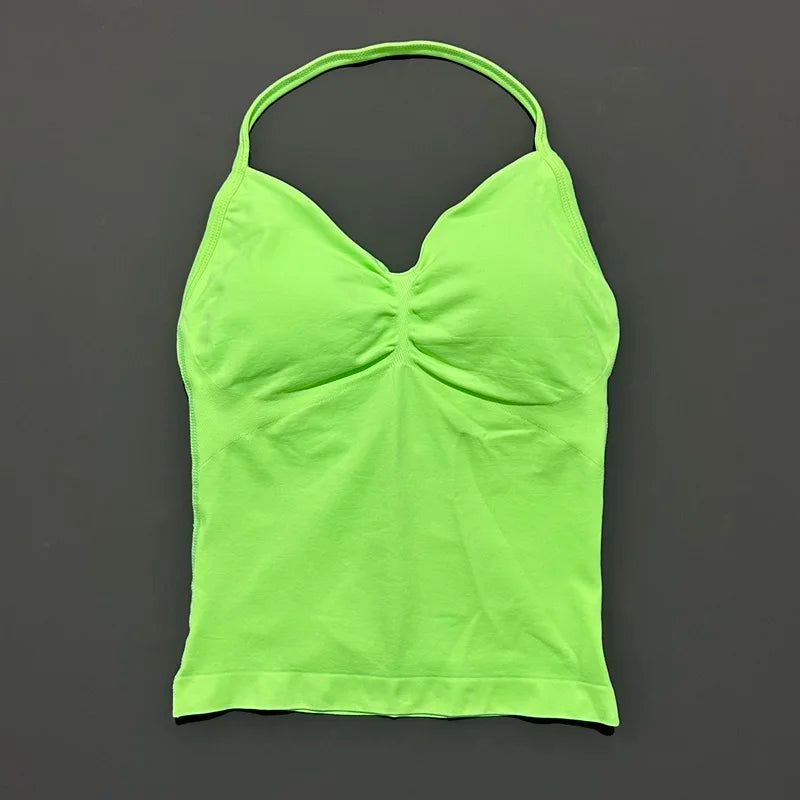 HISTELLO GYM Longline Strappy Top Women Seamless Yoga Clothing With Removable Pads V Neck Open Back Bra Workout Sports Halter