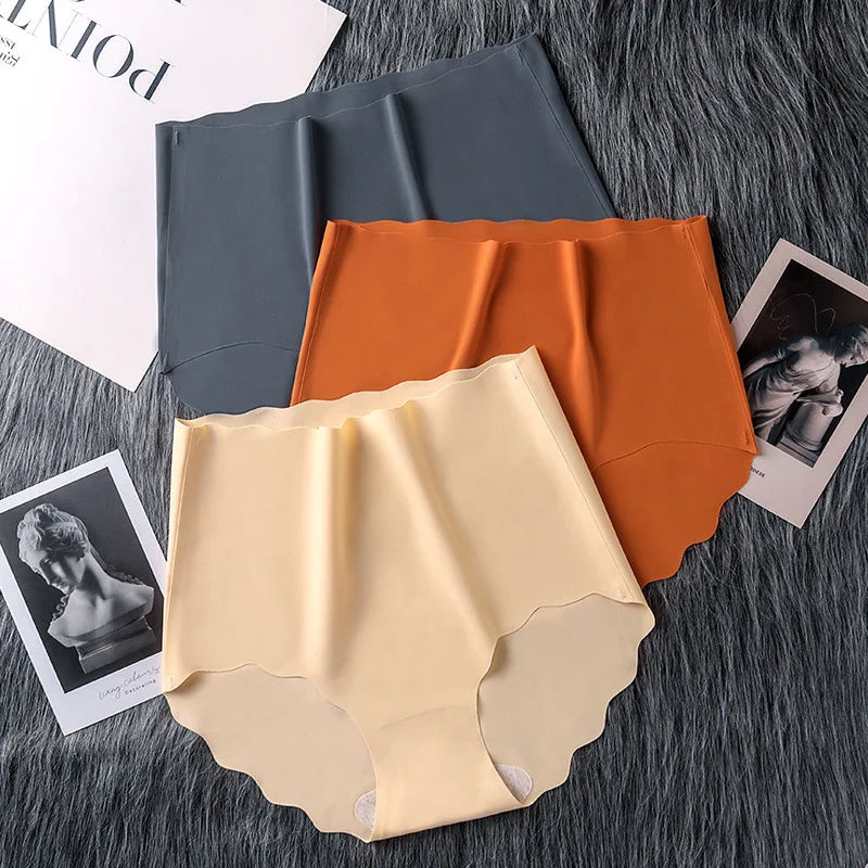 3Pcs/Set Women Ice Silk Panties Wavy Trim Seamless Underwear High Waist Panty No Show Briefs Invisible Ladies Lingerie M-XXL