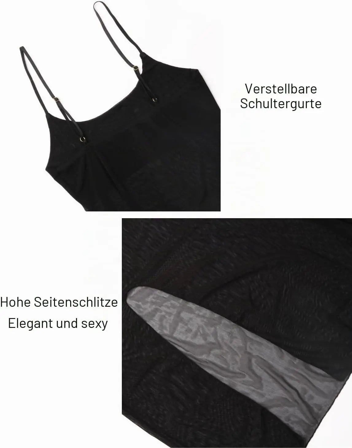 Women Sheer Mesh Lingerie Dress, Black High Slit Nightdress with G-String, Spaghetti Strap Backless Babydoll Sleepwear