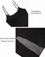 Women Sheer Mesh Lingerie Dress, Black High Slit Nightdress with G-String, Spaghetti Strap Backless Babydoll Sleepwear