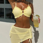 DEKA Mesh Skirt 3 Piece Bikini SetSolid Ring 2026 Women Yellow Push Up Triangle Swimsuit Summer Bathing Suit Holiday Linked Cr