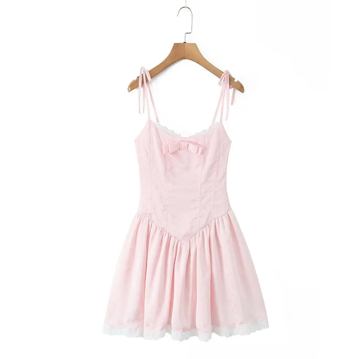 Women's Dark Pattern Bow Cute Sweet Princess Dress White And Pink Strap Mini Dress With Lace Trim Bow And Flared Ruffle Hem SK6A