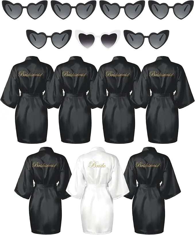 7 Pcs Bride Bridesmaid Robe Sets for Wedding Bridal Party Satin Robes Maid of Honor Robe with Heart Shaped Sunglasses