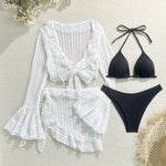 Sexy 4 Pieces Bikinis Sets Women Mesh Long Sleeve Cover Up Beach Skirt Swimwear Holiday Beach Bathing Suit Patchwork Swimsuit