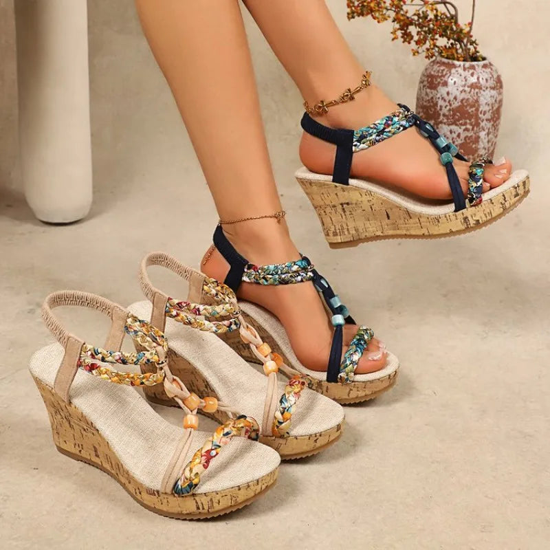 Woman Leather Summer Fashion Wedge Female Large Size Mid-heeled Platform Black New Comfortable Retro Sandals for Women