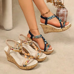 Woman Leather Summer Fashion Wedge Female Large Size Mid-heeled Platform Black New Comfortable Retro Sandals for Women