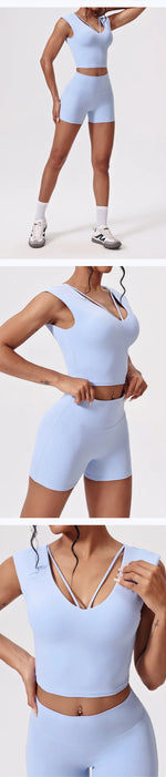Naked Yoga Sets Women Gym V Neck Slim Sports Vest High Waist Shorts 2 Piece Fitness Suits Outwear Running Workout Tracksuit