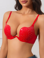 Red rhinestone sexy gathering bra with deep V bright diamond decoration, comfortable and breathable underwear