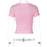 FDYOUI Pink T-shirts 2026 Summer Woman Clothes O-neck Single Breasted Cardigan Tops Female Short Sleeve Slim T Shirt Streetwear