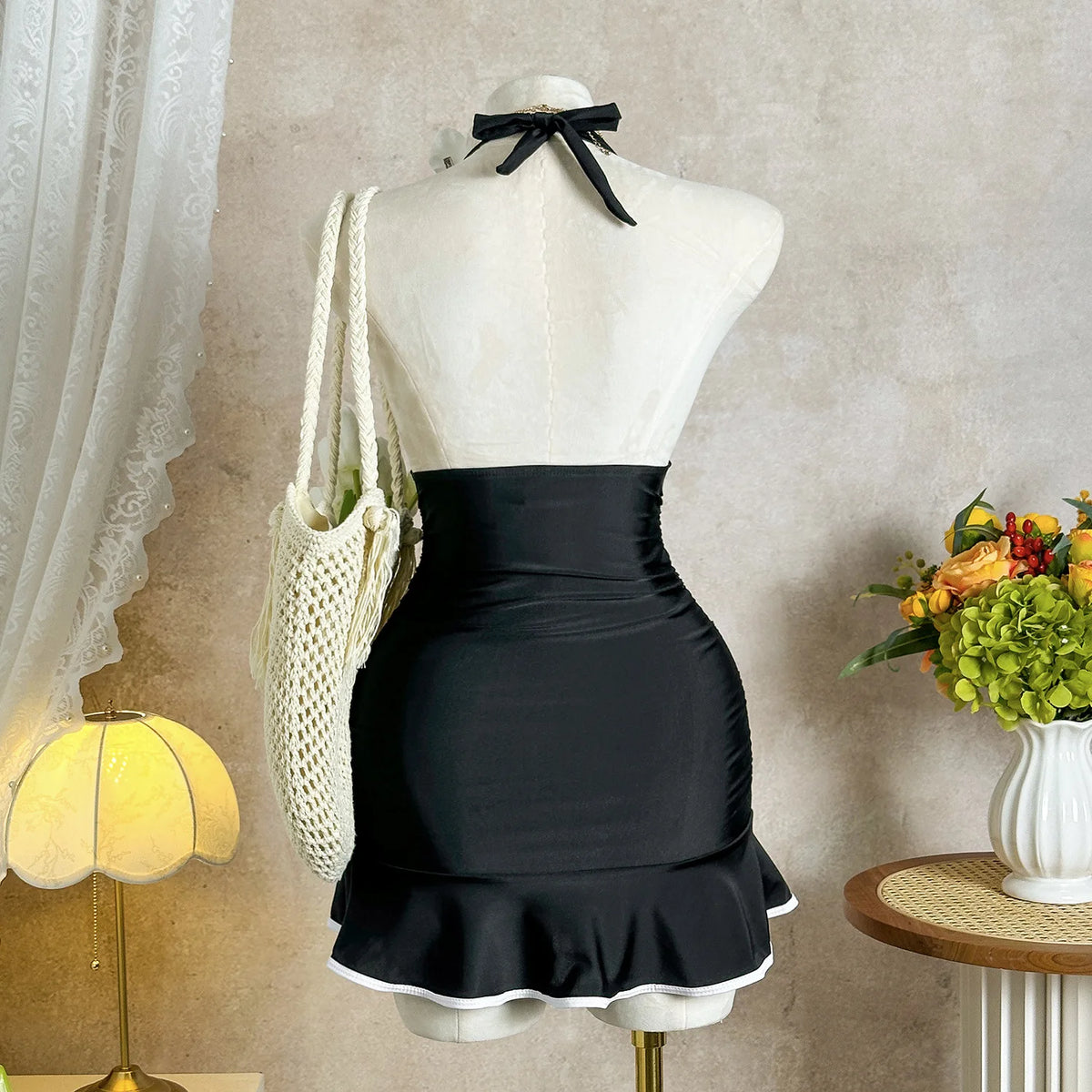 Vintage Black White Patchwork One Piece Swimwear Women 2026 V Neck Hollow Out Slim Bathing Suits Tummy Control Dress Swimsuit