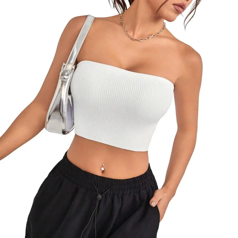 Quick-drying Cropped Top Women Ribbed Vest Anti-slip Bandeau Strapless Sleeveless Backless Tank Top Sweat Absorption