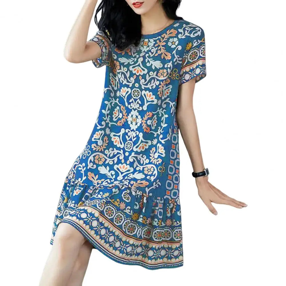Summer Women Dress Half Sleeves Round Neck Retro Print A-line Big Hem Knee Length Loose Casual Daily Wear Vacation Midi Dress