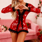 Women's Valentine's Day Heart Print Pajamas Shorts Romper Long Sleeve V Neck Lace Trim Jumpsuit Sleepwear