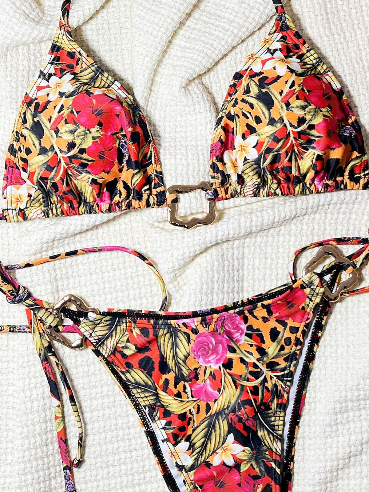 Sexy Red Leopard Print Bikini Set 2025 Women Metal Rectangle Desginer Thong Swimsuit Beach Bathing Suit Push Up Micro Swimwear