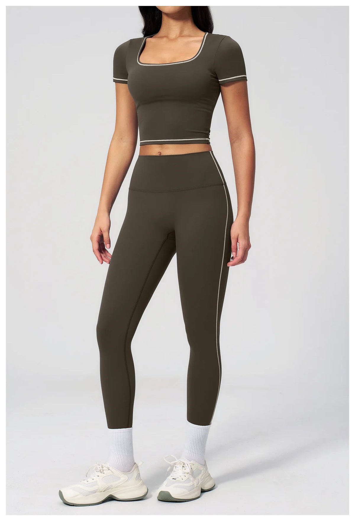 2PC Color Contrast Yoga Suit Women Short Sleeve Square Collar Slim Sports Top Fitness Suits Outdoor Exercise Leggings Tracksuit