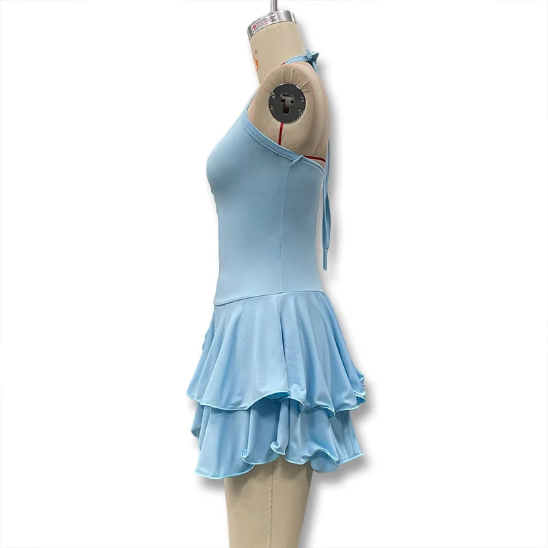 Hot Girl Slim Halter Neck Mini Dress Solid Color V-neck Single-breasted Layered Ruffles Bodycon Short Dresses Fashion Female New