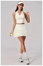 Women's Tracksuit Yoga Set 2 Pieces High Waist Pleate Pocket Skort Fitness Suit Turn Down Collar V Neck Slim Tank Top Sporstwear