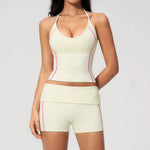 2PCS Women Yoga Sets Color Contrast Hanging Neck V Neck Slimming Sports Tank Top Flip High Waist Shorts Gym Running Fitness Suit