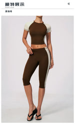 Color Blocking 2PCS Yoga Set Women's Tracksuit Short Sleeve O Neck Sports T Shirts High Waist Cropped Pants Tight Fitness Suits
