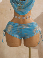 Sexy Hot Stamping Gold Swimwear Women 2026 Collar Split Top Drawstring Side High Waist Bikini Set Summer Bathing Suit Swimsuit