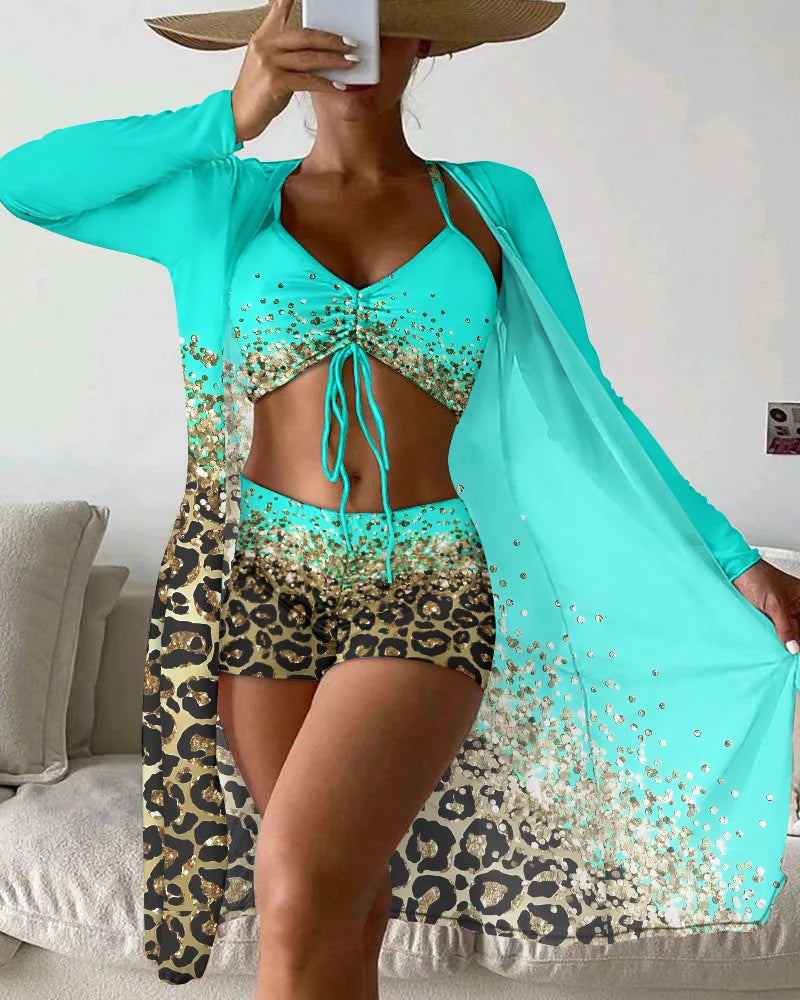Women Bathing SuitPrint Leopard Bikinis 3 Pieces Swimsuit Kimono High Waist Bikini Shorts Long Sleeve Beach Cover Up Swimwear