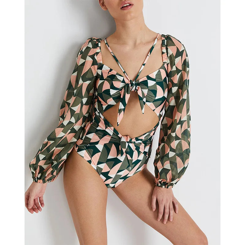 One Piece Swimsuit Sexy Long Sleeve Tropical Print Swimwear Women Bandage Monokini Hollow Out Bathing Suit String Beachwear 2023