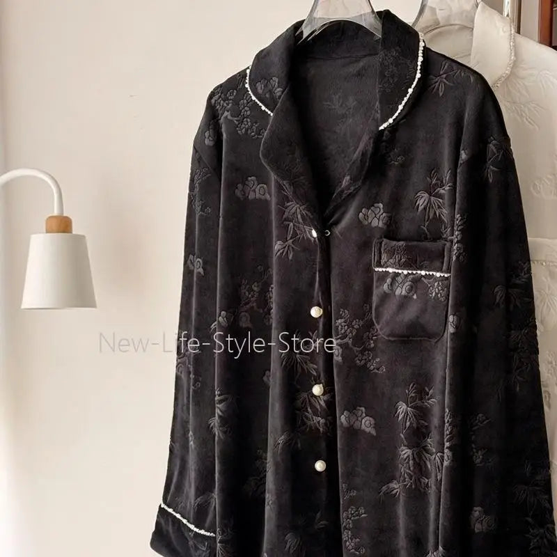 Autumn Winter Elegant Print Pearl Trim Set Luxury Wearable Outside Warm Homewear Sleepwear Women Island Velvet Pajamas
