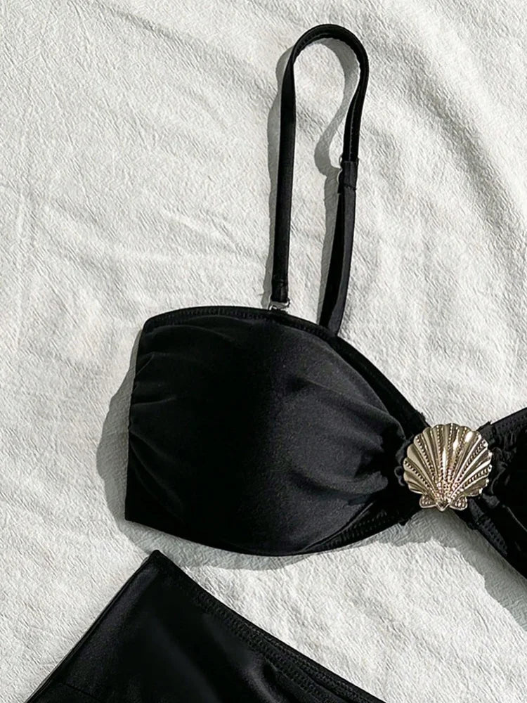 Sexy Metal Shell High Waist Bikini Set Women Black Coffee Pleate Push Up Two Piece Swimsuit 2026 Holiday Bathing Suit Swimwear