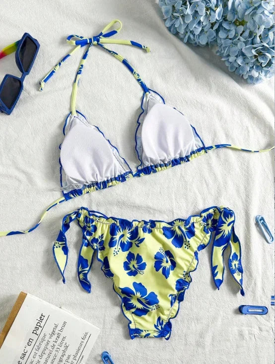 Women Cute Bikini Set 2025 New Summer Orange Floral Print Halter Ruffles Push Up Tie Side Thong Swimsuit Bathing Suit
