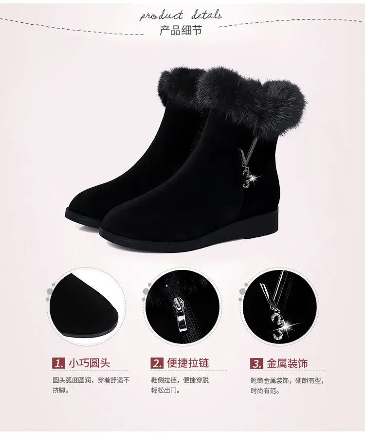 Plush Womens Boots Comfortable Hick-soled Fur Shoes Fashion Ladies Shoes Zipper Women Vulcanized Shoes Anti-slip Chaussure Femme