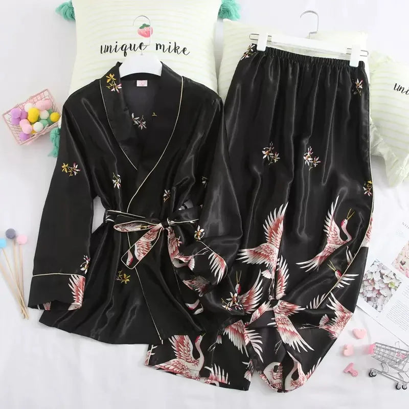 Crane Print Silk Satin Female Pajamas Retro Long Sleeve Robe with Trouser Sleepwear Comfortable Wedding Nightwear for Home